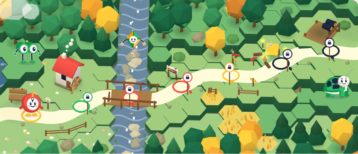 Bosque com uma trilha e sete paradas. As sete fases também estão na fila abaixo do mapa.